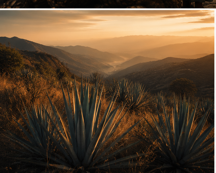 Wild agave growing on Sierra Sur hillside terraces at golden hour, Oaxaca