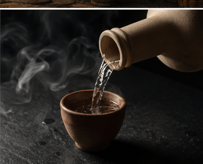 Premium mezcal poured from stone bottle into a clay copita — Missed Call Mezcal
