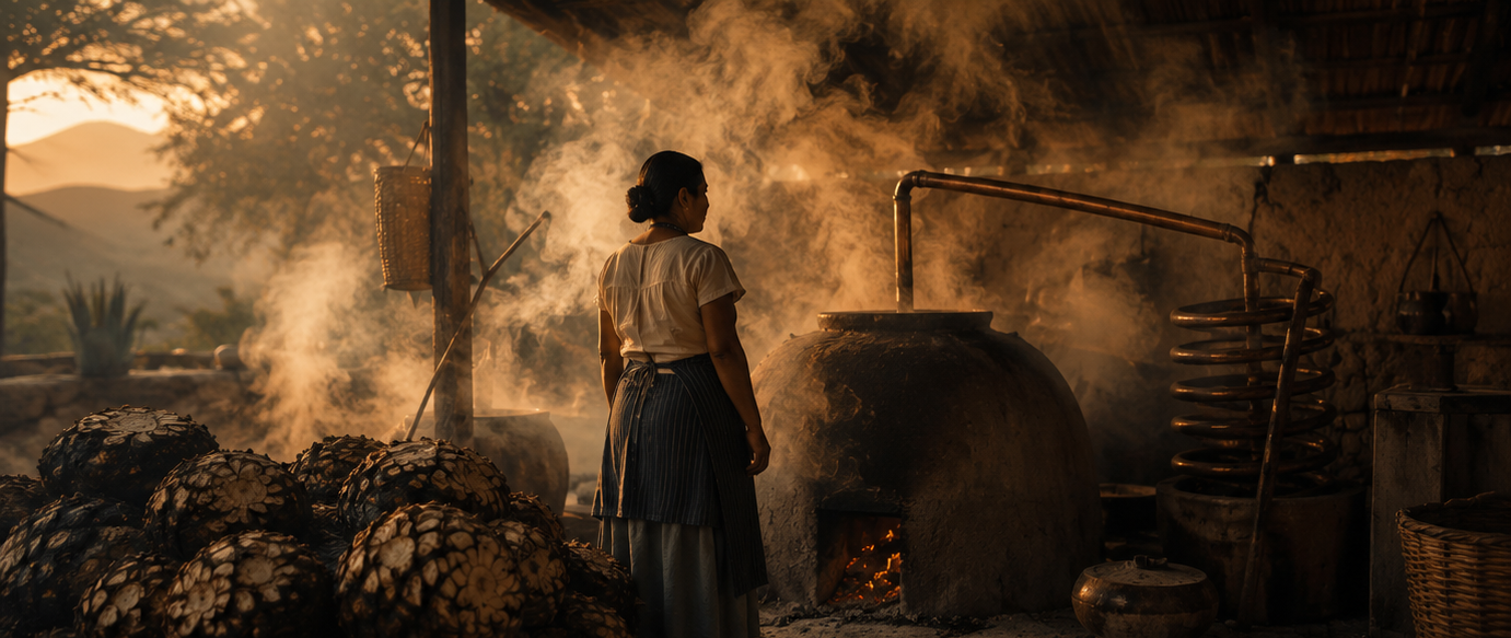 The maestra at her palenque in Oaxaca at dusk — clay still, smoke, agave piñas